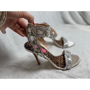 Betsey Johnson Silver Sequin Ankle Wrap Heels w/ Leopard Insole 
Size 10